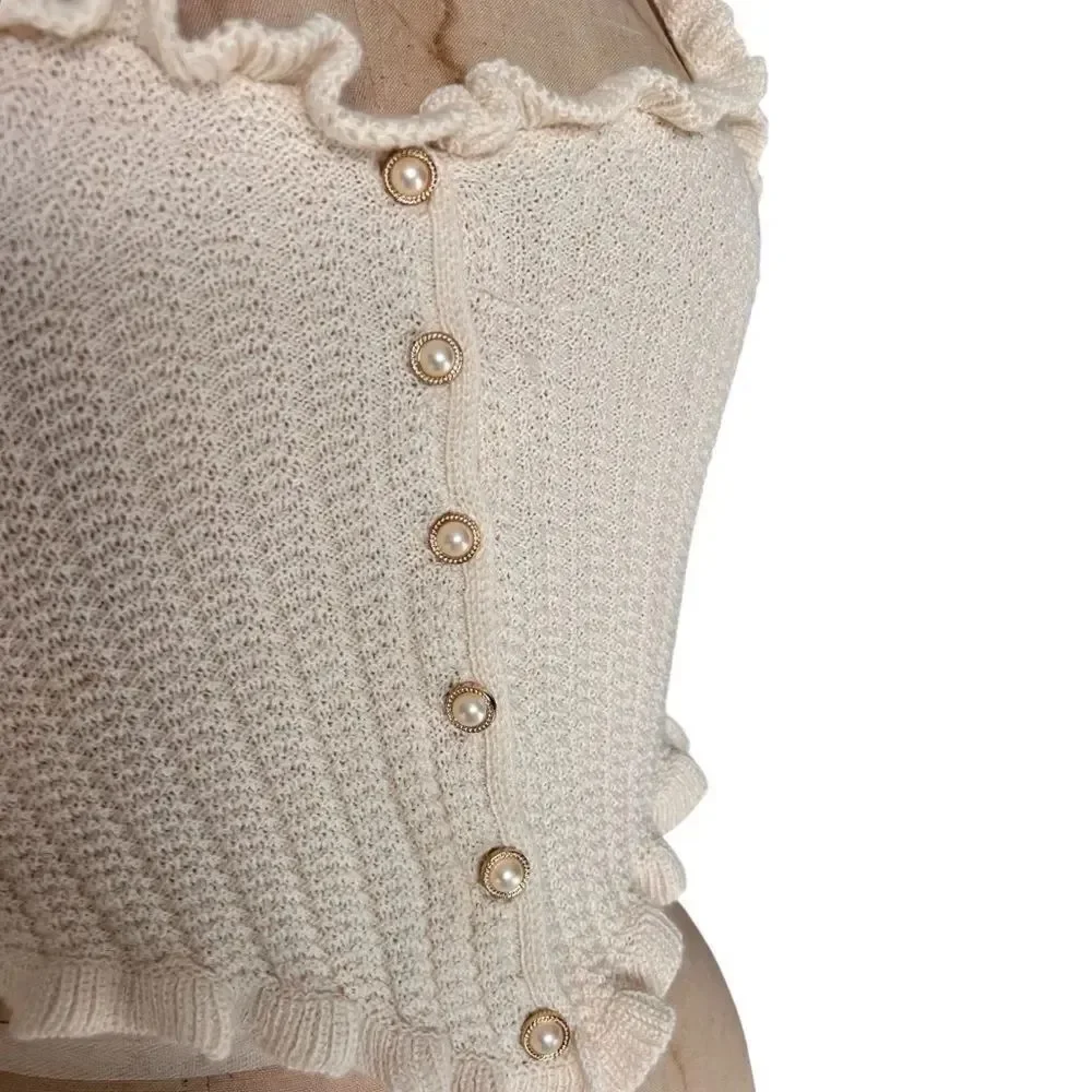 Cream Knit Crop Top with Pearl Button Detailing Size S